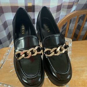GUESS Black Patent Loafers with Gold Chain Accent